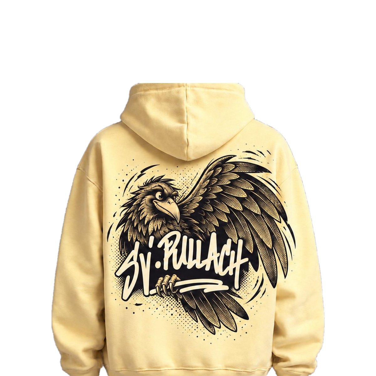 Gelber Hoodie „Rabe Eins“ mit großem Comic-Raben auf dem Rücken